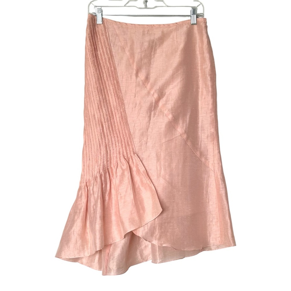 Teri Jon Linen Blend Pleated asymmetric Midi Skirt in Blush Pink Size 8